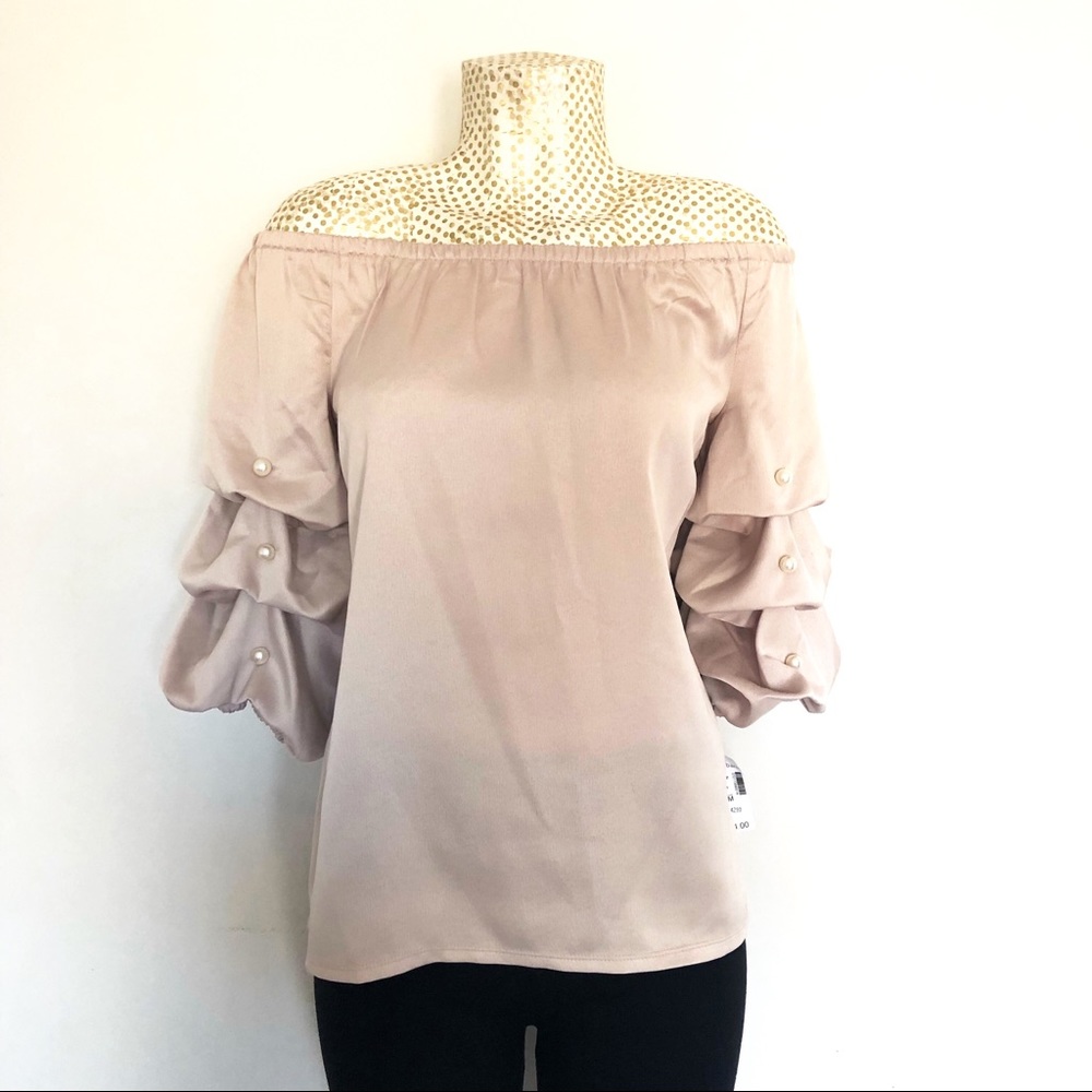 Beige Off Shoulders Puffy Sleeves Blouse